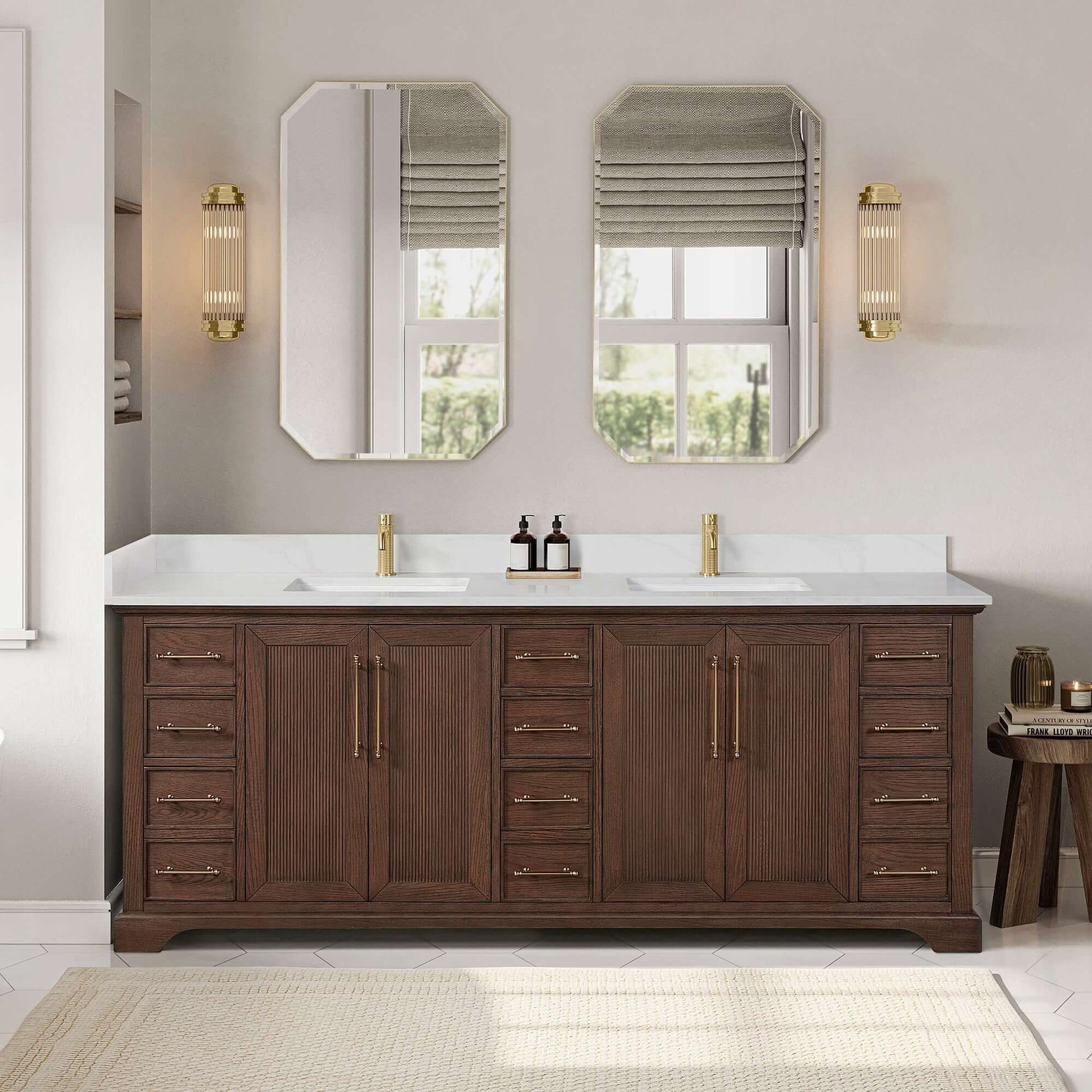 Vinnova, Tokyo 84" Freestanding Double Bath Vanity in Aged Dark Brown Oak with Silk White Quartz Stone Top in bathroom setting