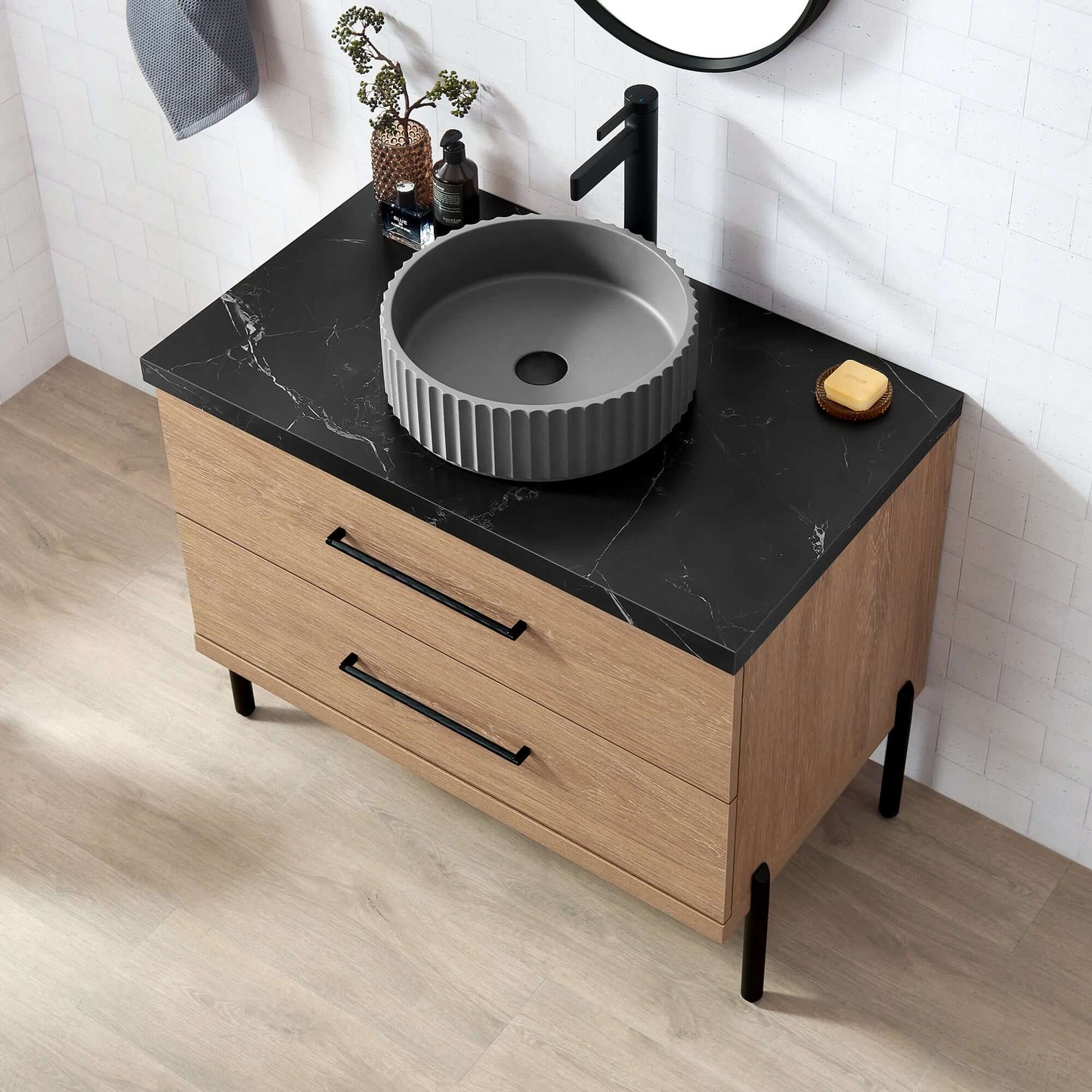 Vinnova, Trento 36B" Single Sink Bath Vanity in North American Oak with Black Sintered Stone Top with Concrete Sink and Mirror