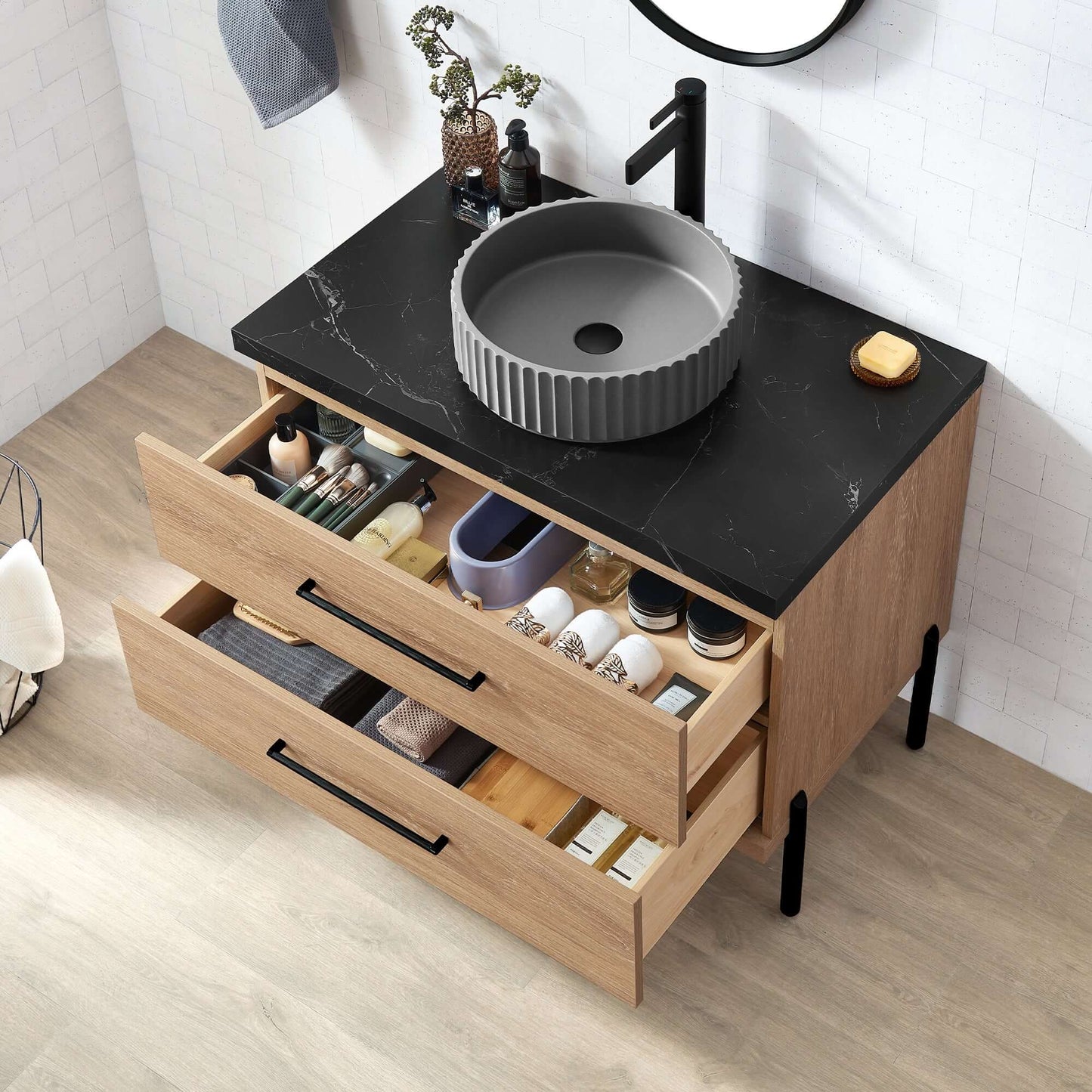 Vinnova, Trento 36B" Single Sink Bath Vanity in North American Oak with Black Sintered Stone Top with Concrete Sink in bathroom setting