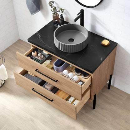 Vinnova, Trento 36B" Single Sink Bath Vanity in North American Oak with Black Sintered Stone Top with Concrete Sink in bathroom setting
