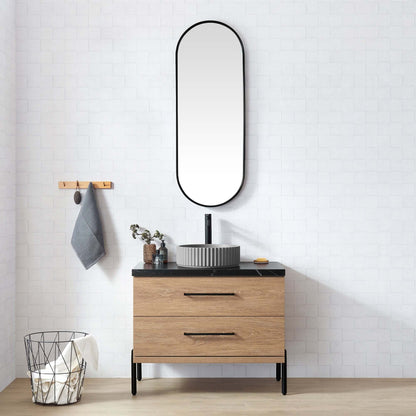 Vinnova, Trento 36B" Single Sink Bath Vanity in North American Oak with Black Sintered Stone Top with Concrete Sink, bathroom vanity
