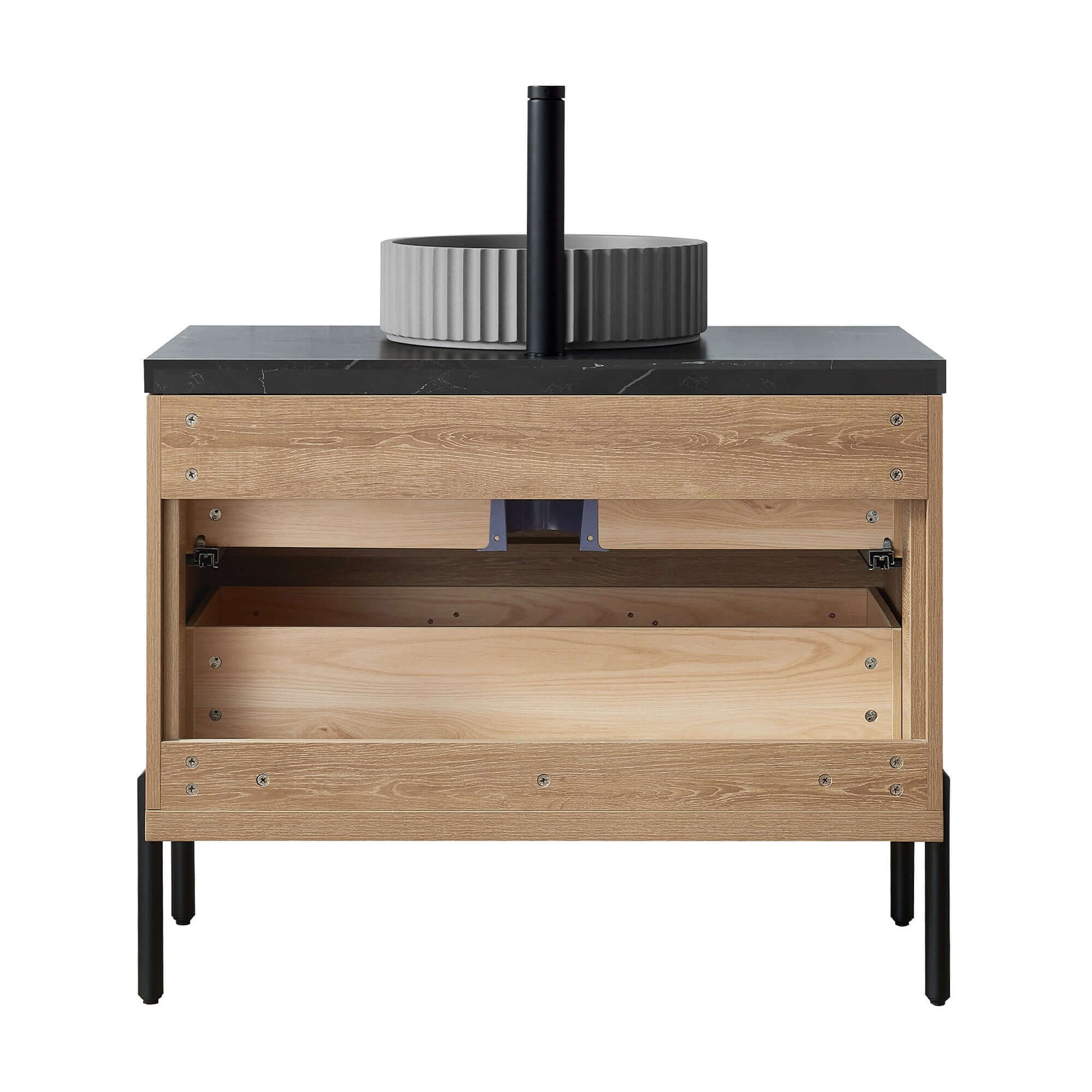 Vinnova, Trento 36B" Single Sink Bath Vanity in North American Oak with Black Sintered Stone Top, Concrete Sink, modern bathroom furniture.