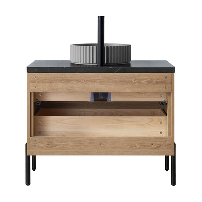 Vinnova, Trento 36B" Single Sink Bath Vanity in North American Oak with Black Sintered Stone Top, Concrete Sink, modern bathroom furniture.