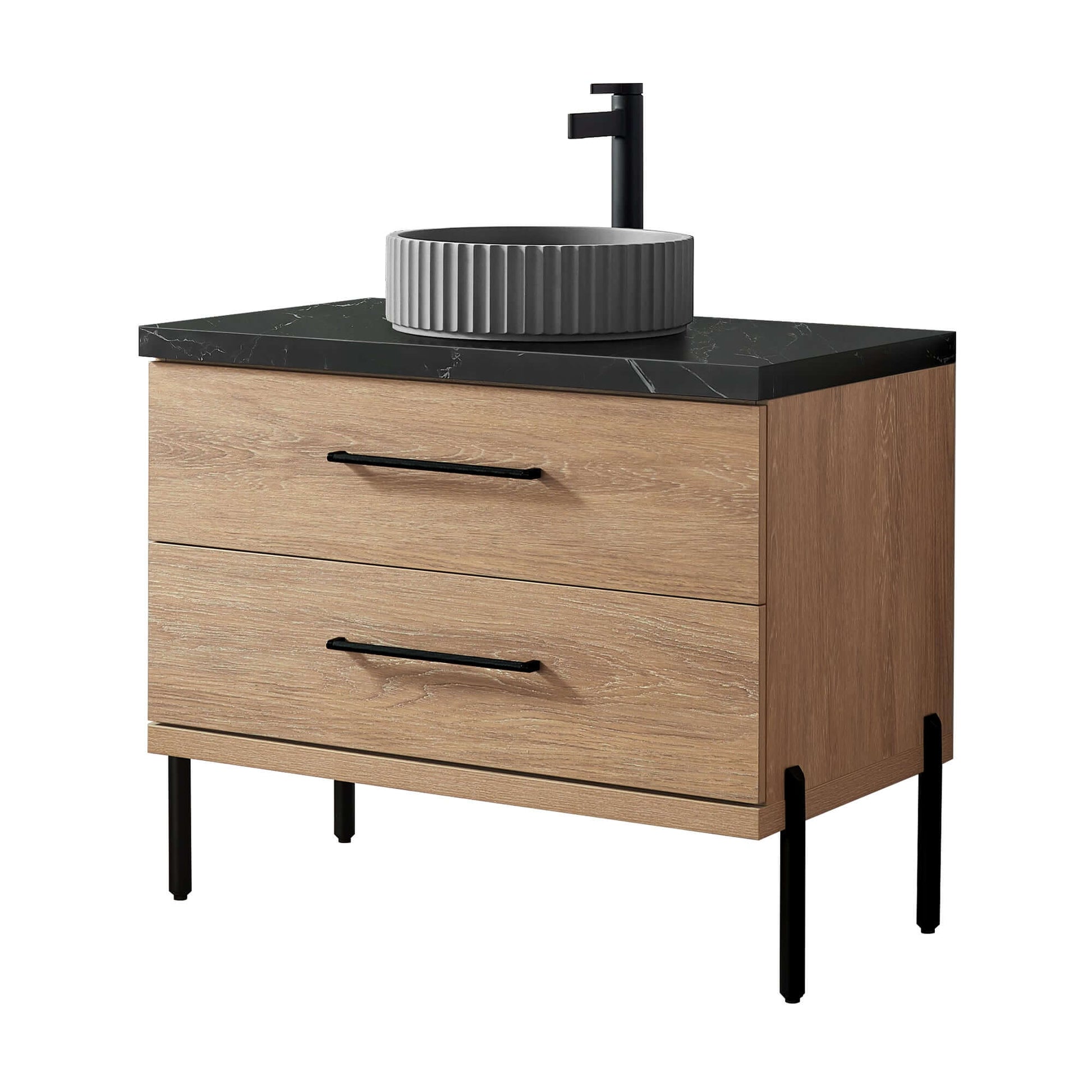 Vinnova, Trento 36B" Single Sink Bath Vanity in North American Oak with Black Sintered Stone Top with Concrete Sink, bathroom vanity