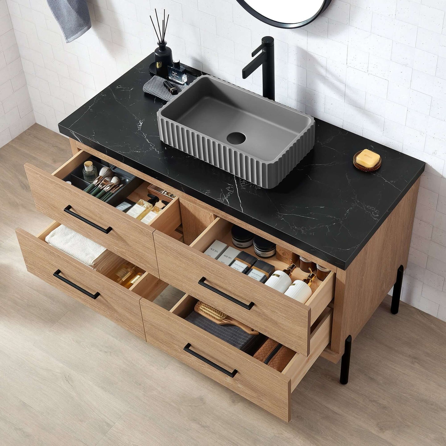 Vinnova, Trento 48A" Single Sink Bath Vanity in North American Oak with Black Sintered Stone Top with Concrete Sink, open drawers