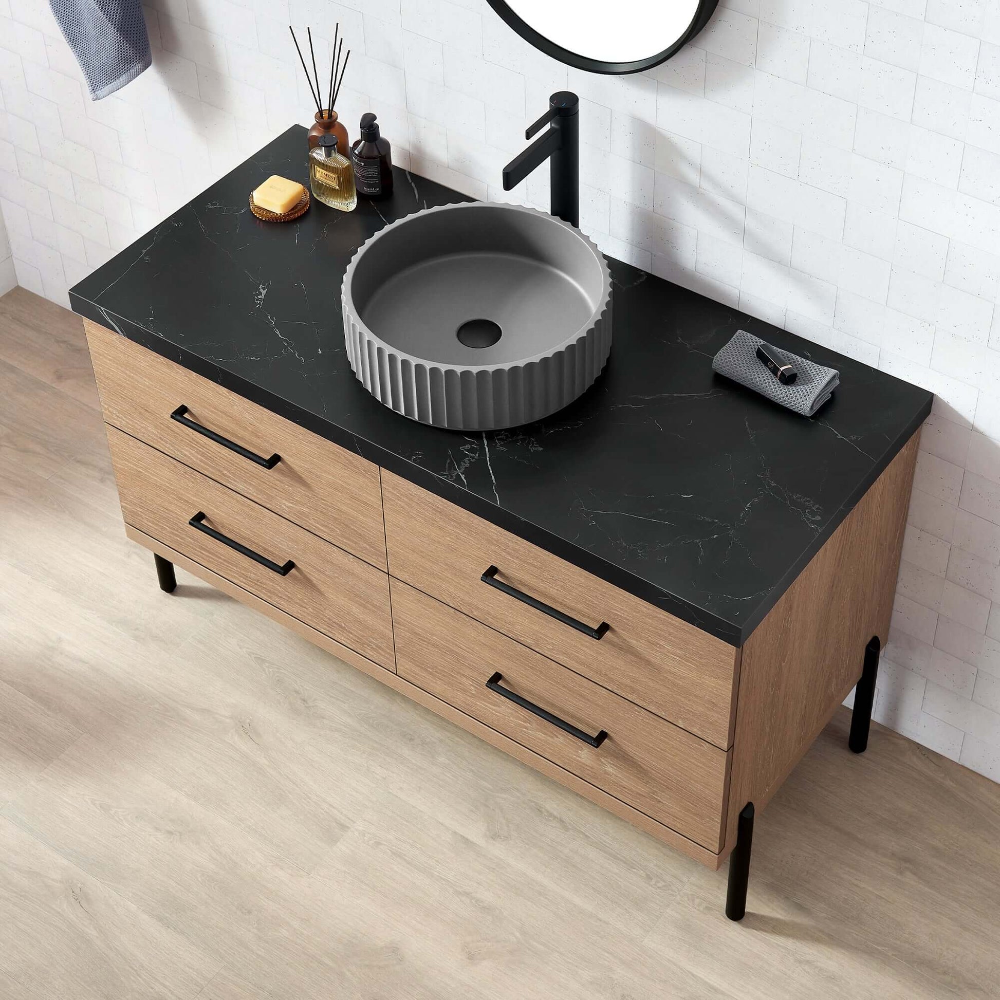 Vinnova, Trento 48B" Single Sink Bath Vanity in North American Oak with Black Sintered Stone Top with Concrete Sink and Mirror
