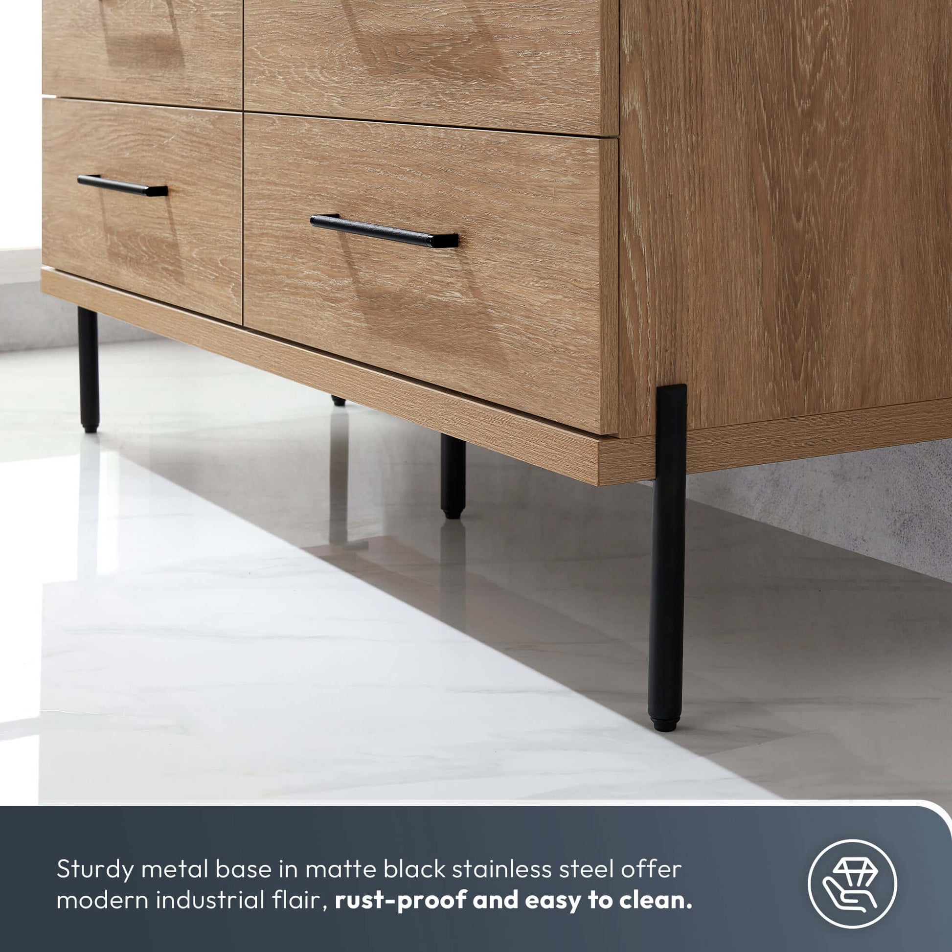 Vinnova, Trento 48B Single Sink Bath Vanity in North American Oak with Black Sintered Stone Top with Concrete Sink, bathroom vanity