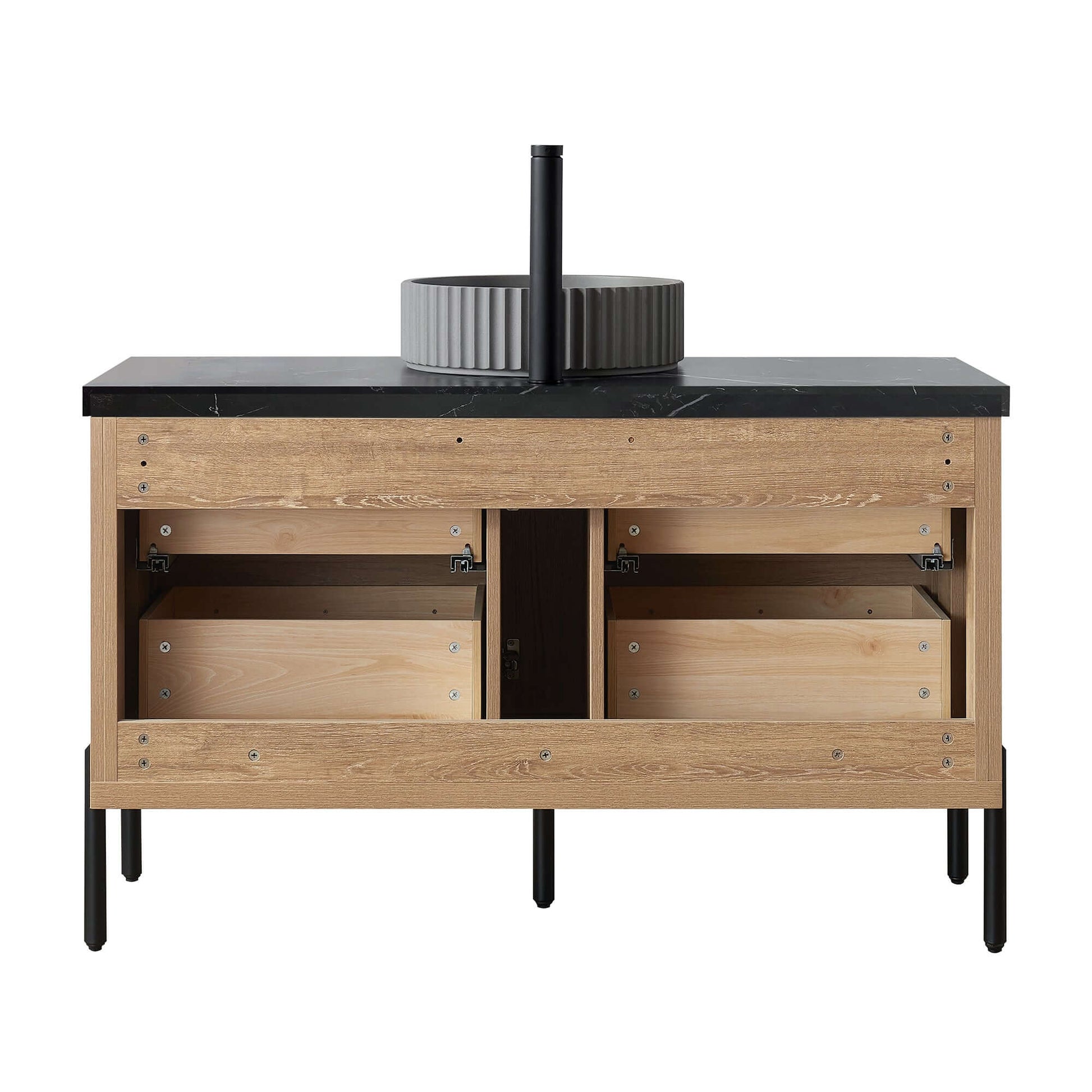 Vinnova, Trento 48B Single Sink Bath Vanity in North American Oak with Black Sintered Stone Top and Concrete Sink, rear view