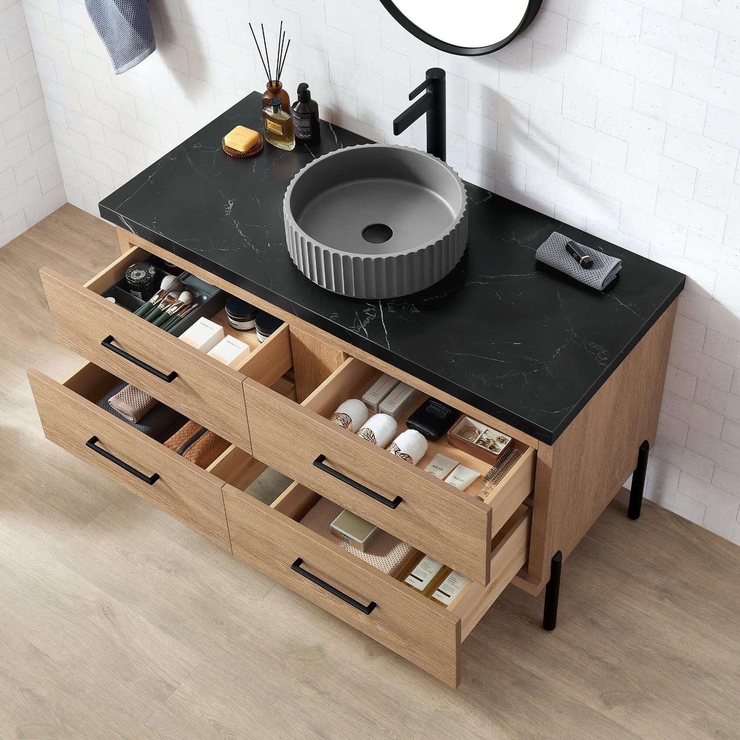 Vinnova, Trento 48B" Single Sink Bath Vanity in North American Oak with Black Sintered Stone Top with Concrete Sink and Mirror in bathroom