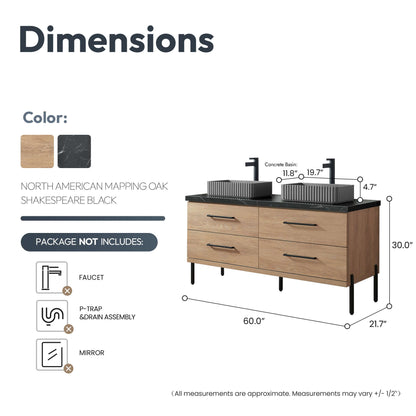 Vinnova, Trento 60A" Double Sink Bath Vanity in North American Oak with Black Sintered Stone Top with Concrete Sink dimensions