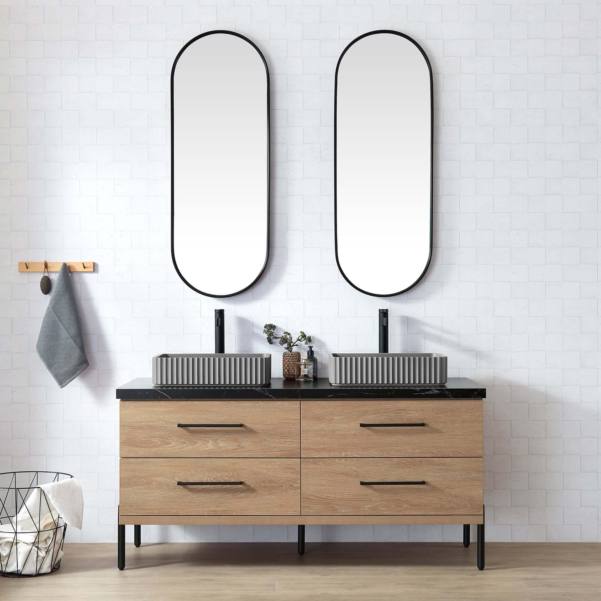 Vinnova, Trento 60A" Double Sink Bath Vanity in North American Oak with Black Sintered Stone Top with Concrete Sink. Elegant bathroom vanity.