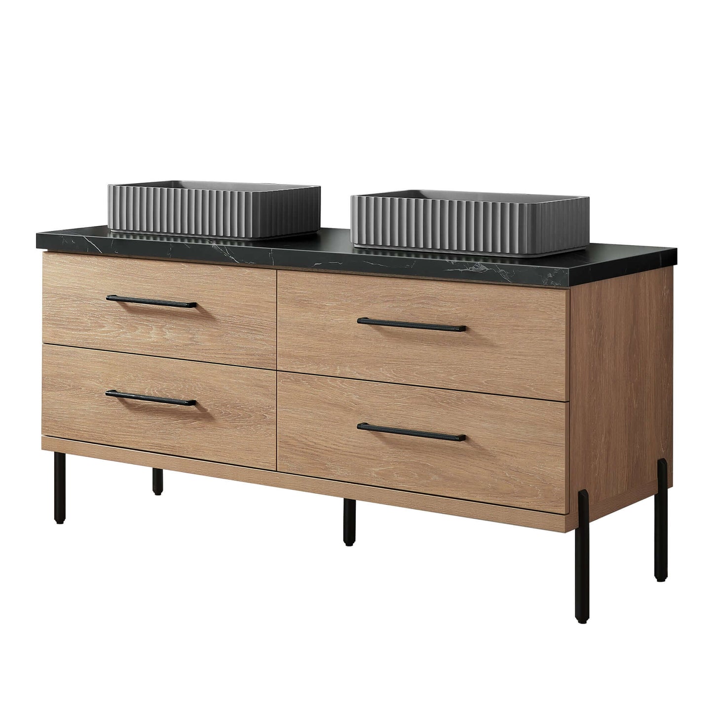 Vinnova, Trento 60A" Double Sink Bath Vanity in North American Oak with Black Sintered Stone Top with Concrete Sink, bathroom vanity