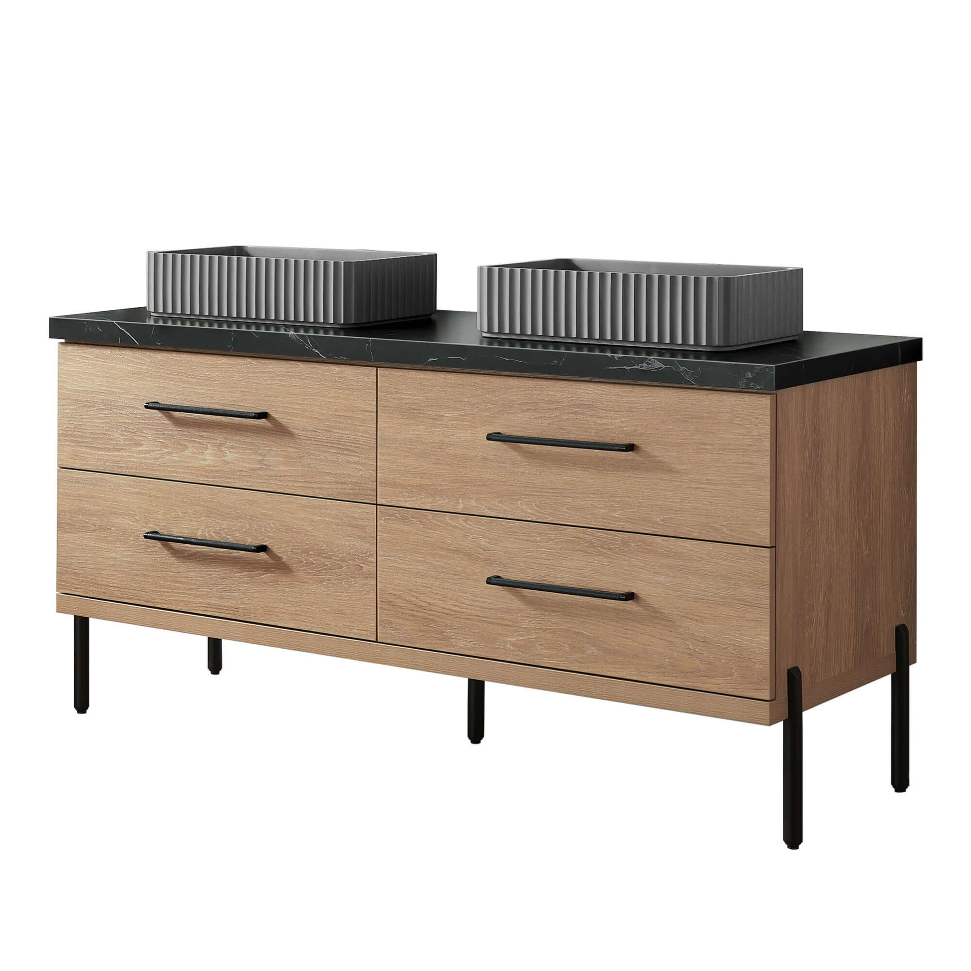 Vinnova, Trento 60A" Double Sink Bath Vanity in North American Oak with Black Sintered Stone Top with Concrete Sink, bathroom vanity