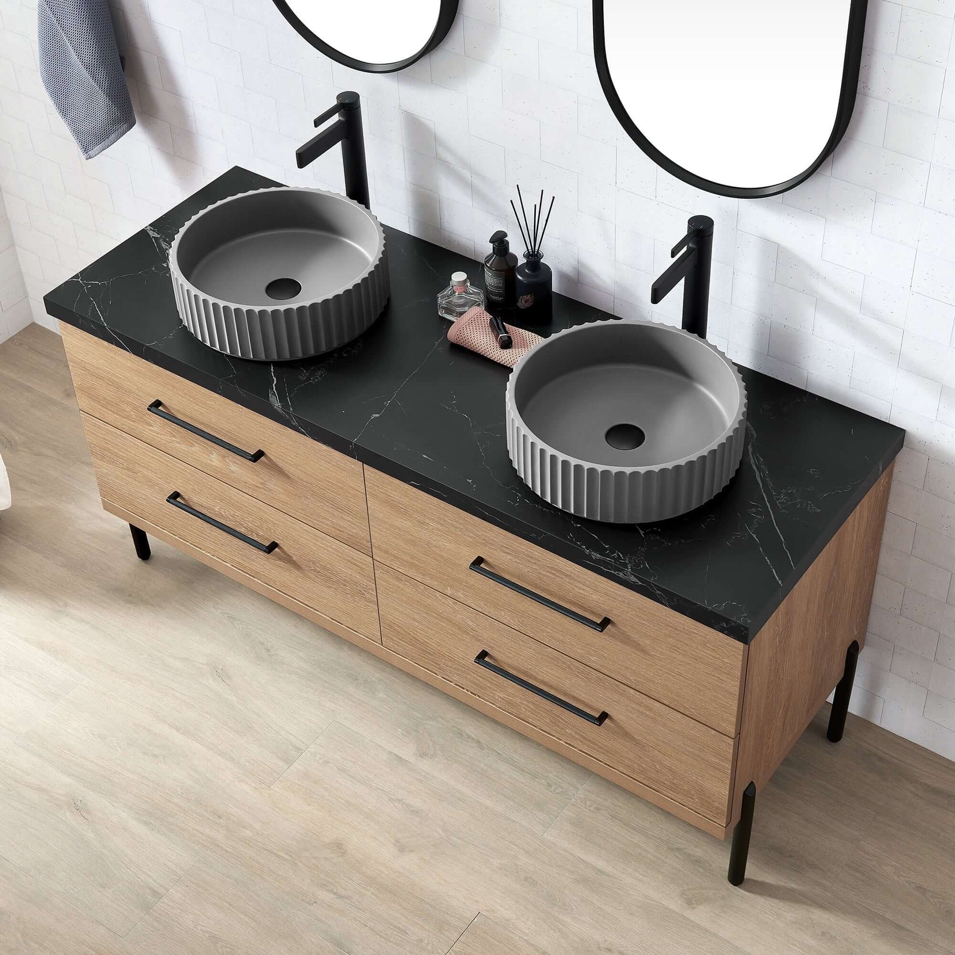 Vinnova, Trento 60B" Double Sink Bath Vanity in North American Oak with Black Sintered Stone Top with Concrete Sink
