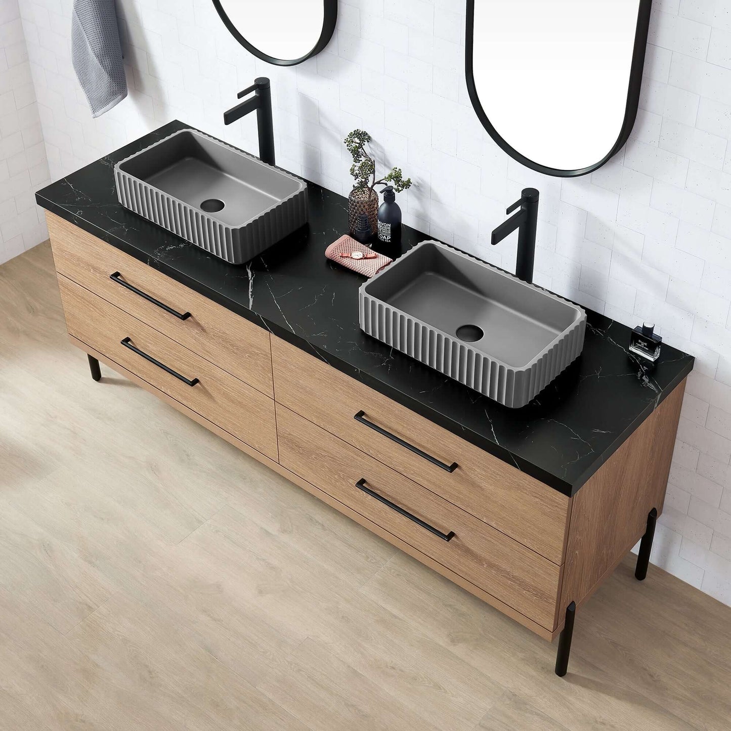 Vinnova, Trento 72A" Double Sink Bath Vanity in North American Oak with Black Sintered Stone Top and Concrete Sink
