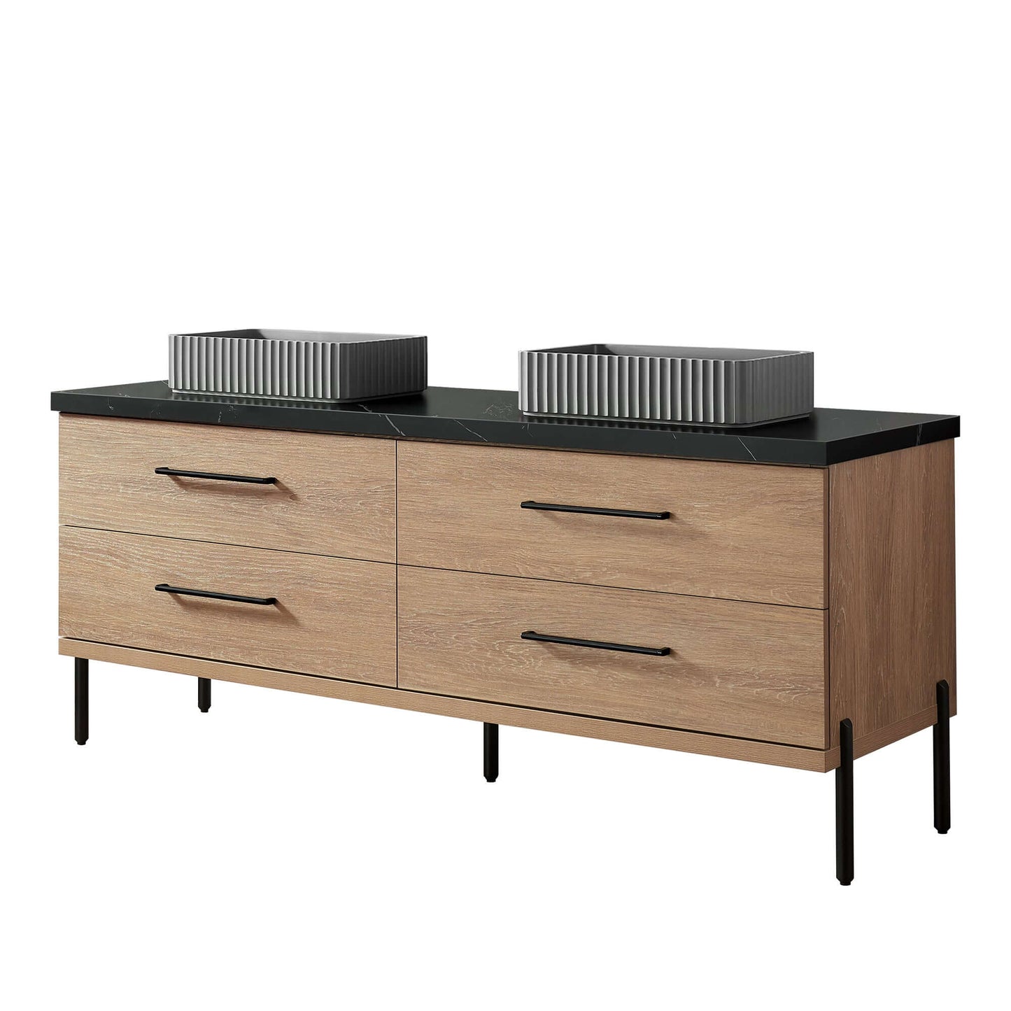 Vinnova, Trento 72A Double Sink Bath Vanity in North American Oak with Black Sintered Stone Top with Concrete Sink.