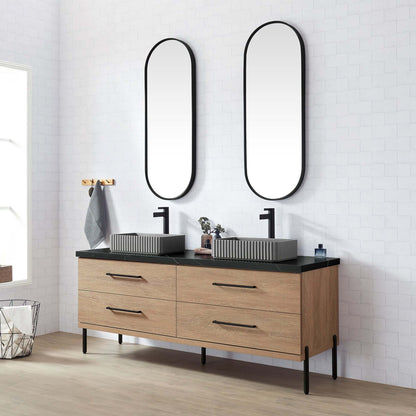 Vinnova, Trento 72A" Double Sink Bath Vanity in North American Oak with Black Sintered Stone Top with Concrete Sink and Mirror