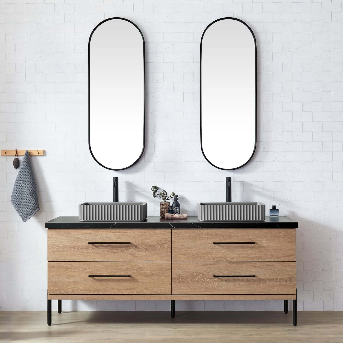Vinnova, Trento 72A" Double Sink Bath Vanity in North American Oak with Black Sintered Stone Top with Concrete Sink, bathroom vanity