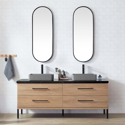 Vinnova, Trento 72A" Double Sink Bath Vanity in North American Oak with Black Sintered Stone Top with Concrete Sink, bathroom vanity