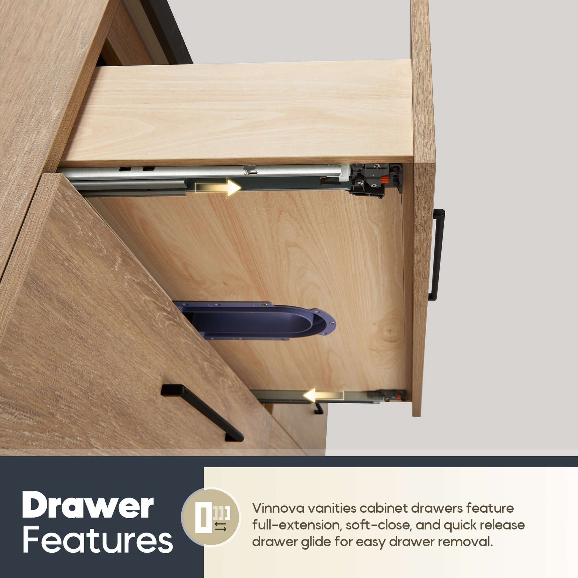Vinnova, Trento 72A" Double Sink Bath Vanity in North American Oak drawer featuring full-extension and soft-close glide.