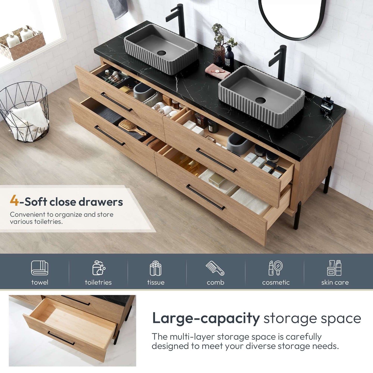 Vinnova, Trento 72A" Double Sink Bath Vanity in North American Oak with Black Sintered Stone Top with Concrete Sink and open drawers