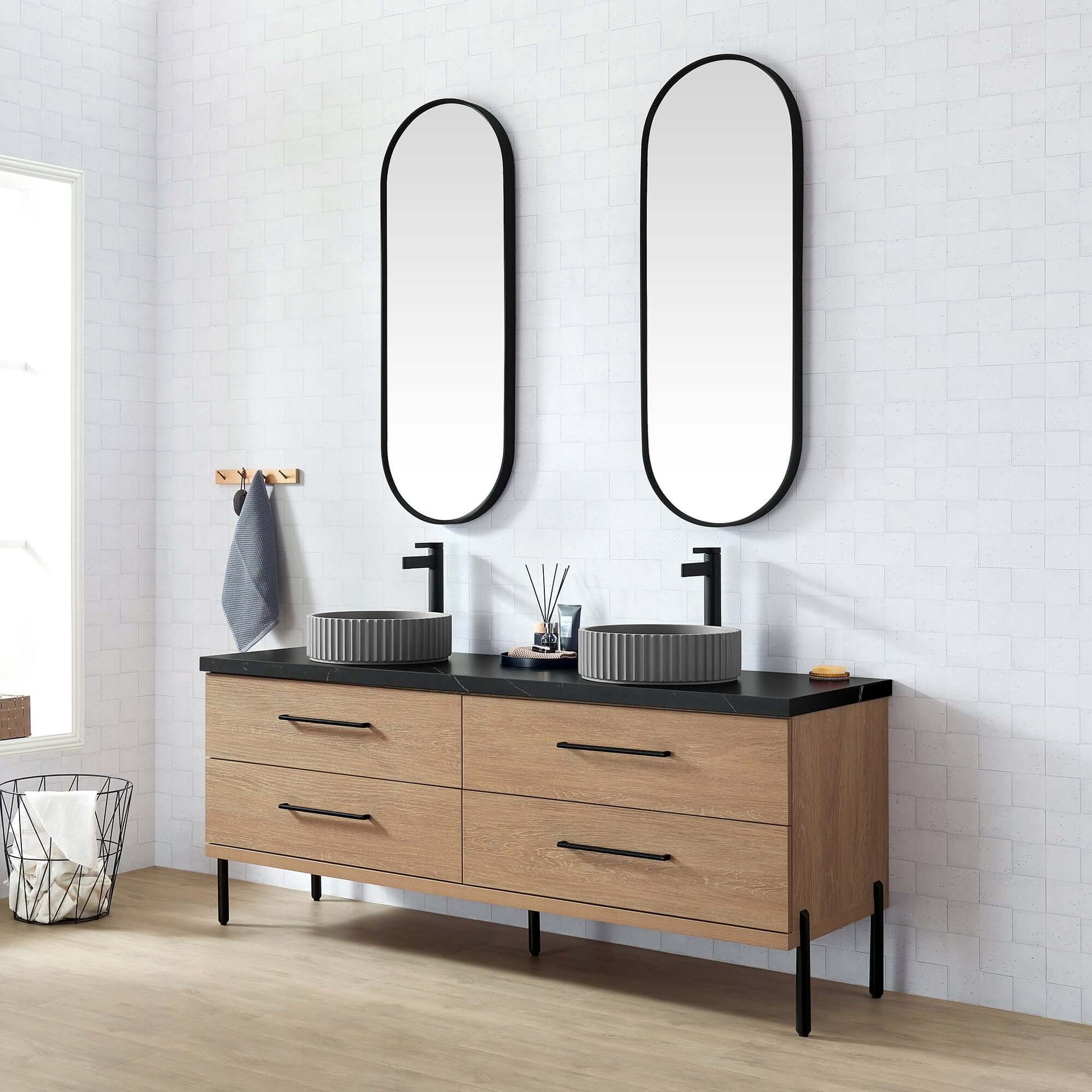 Vinnova, Trento 72B Double Sink Bath Vanity in North American Oak with Black Sintered Stone Top with Concrete Sink, elegant bathroom design.