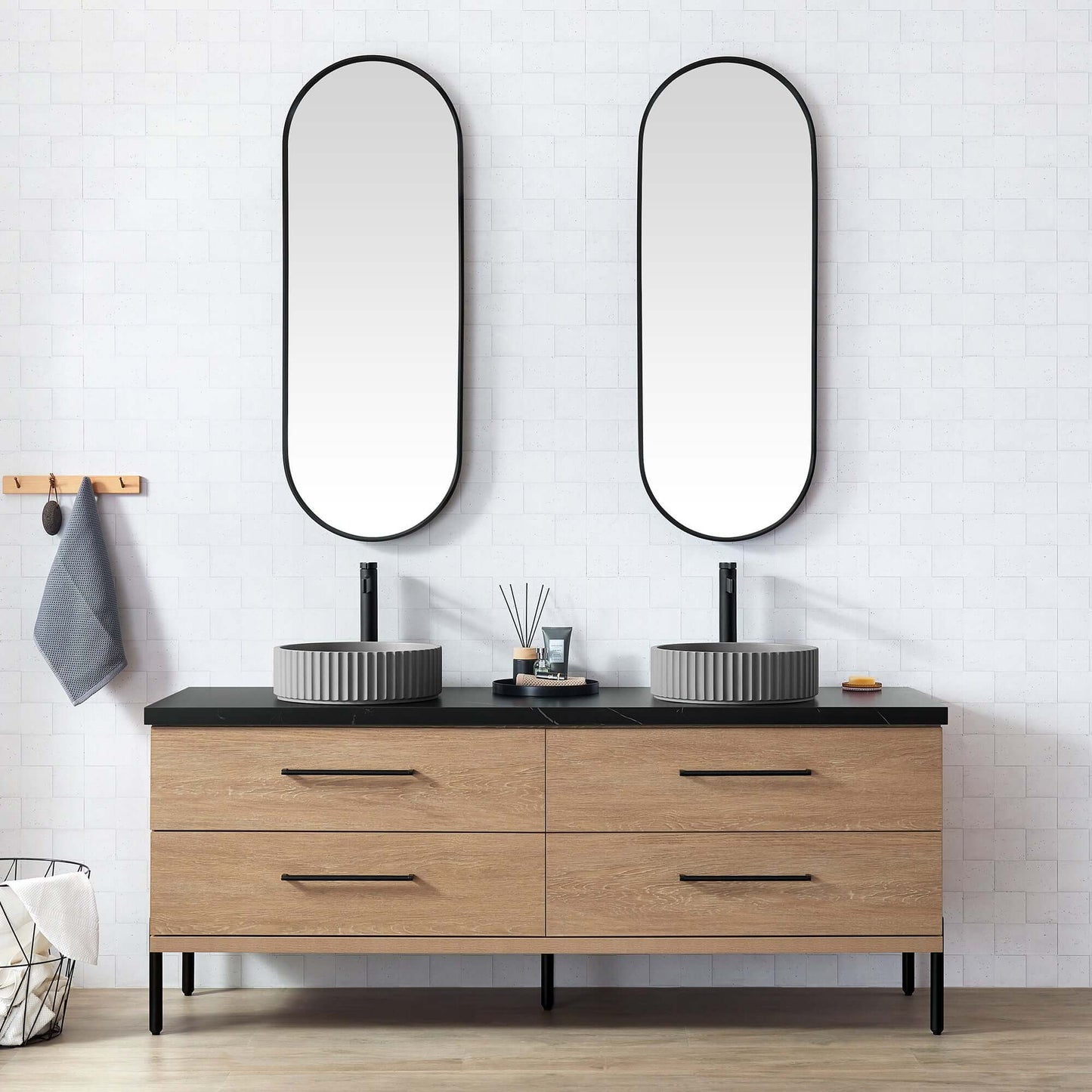 Vinnova, Trento 72B" Double Sink Bath Vanity in North American Oak with Black Sintered Stone Top with Concrete Sink in modern bathroom