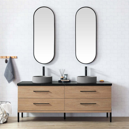 Vinnova, Trento 72B" Double Sink Bath Vanity in North American Oak with Black Sintered Stone Top with Concrete Sink in modern bathroom