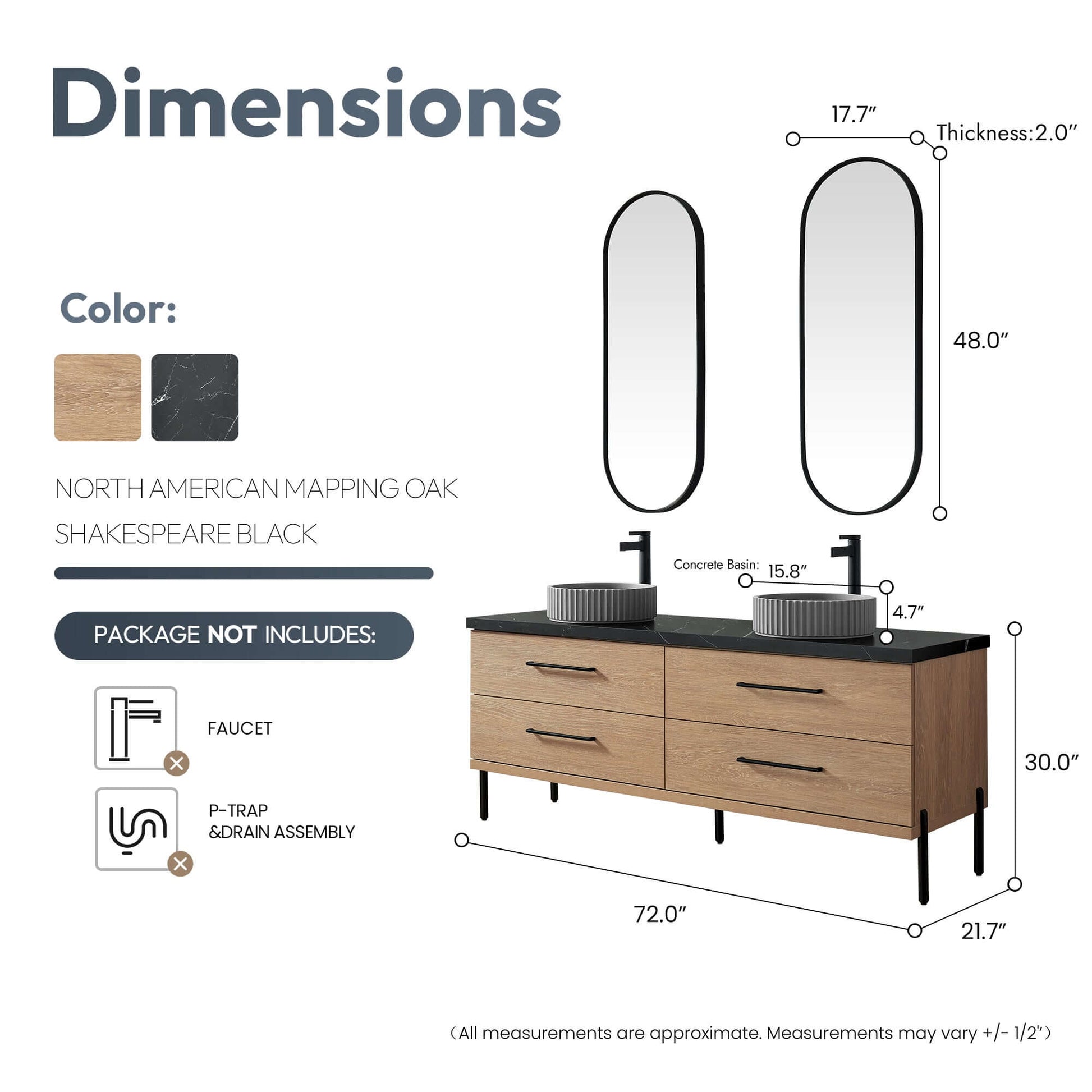 Vinnova, Trento 72B Double Sink Bath Vanity in North American Oak with Black Sintered Stone Top with Concrete Sink and Mirror dimensions