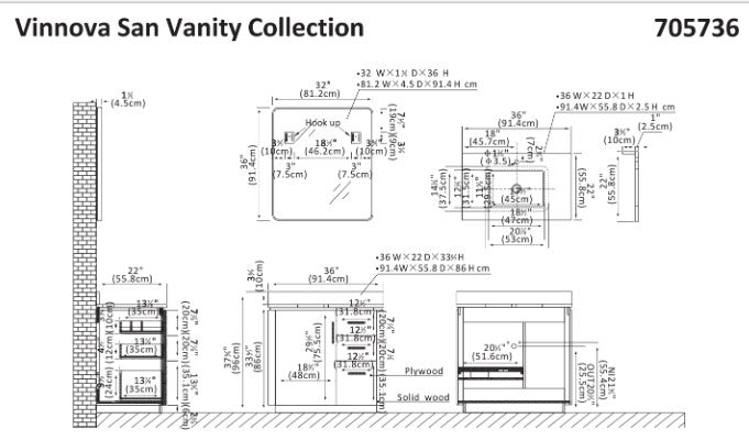 Vinnova, San 36" Free-standing Single Bath Vanity in Fir Wood Brown with White Grain Composite Stone Top
