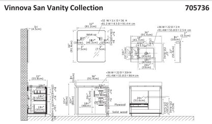 Vinnova, San 36" Free-standing Single Bath Vanity in Fir Wood Brown with White Grain Composite Stone Top