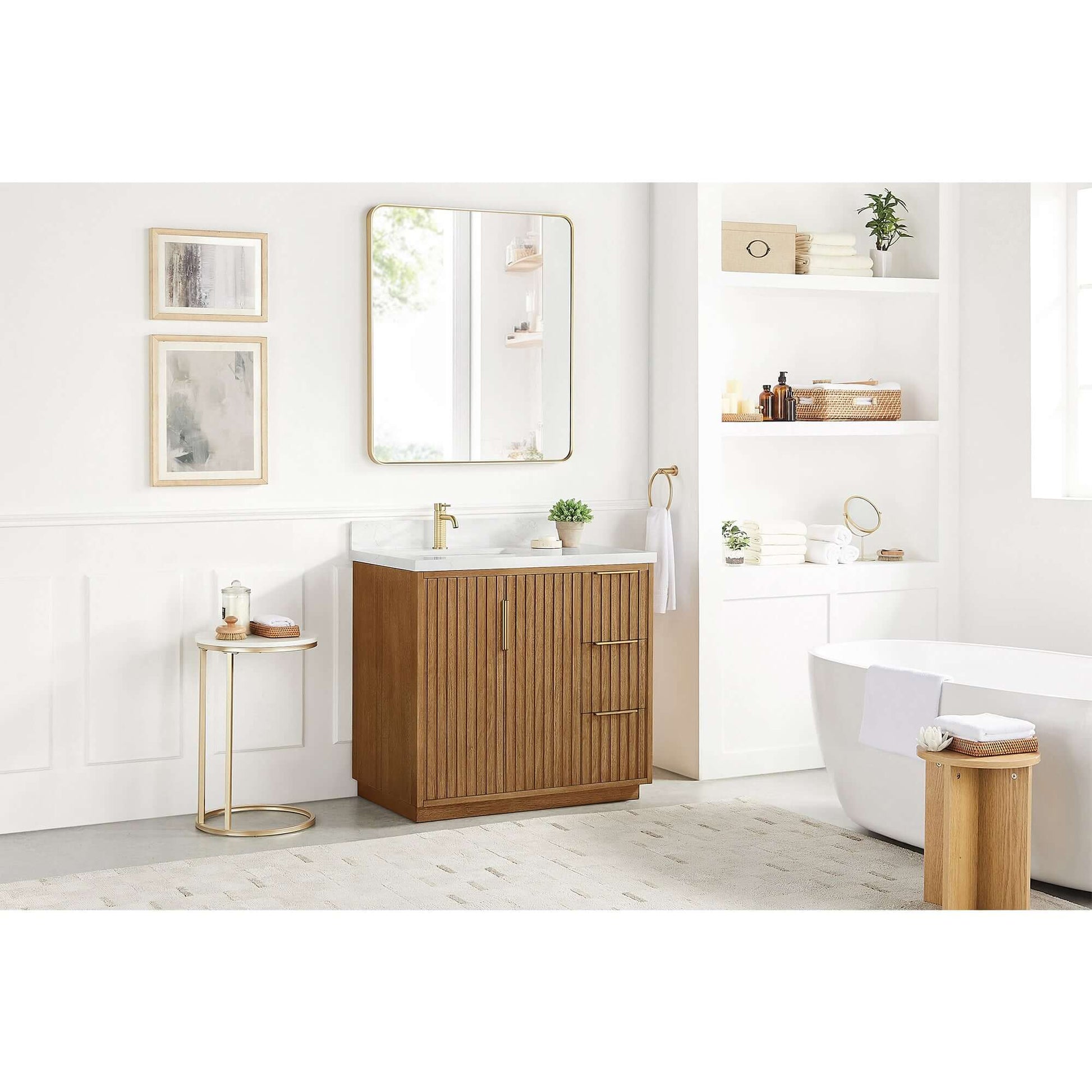 Vinnova, Bangkok 36" Single Sink Bath Vanity in Mango Wood Light Brown with White Grain Composite Stone Top in modern bathroom setting