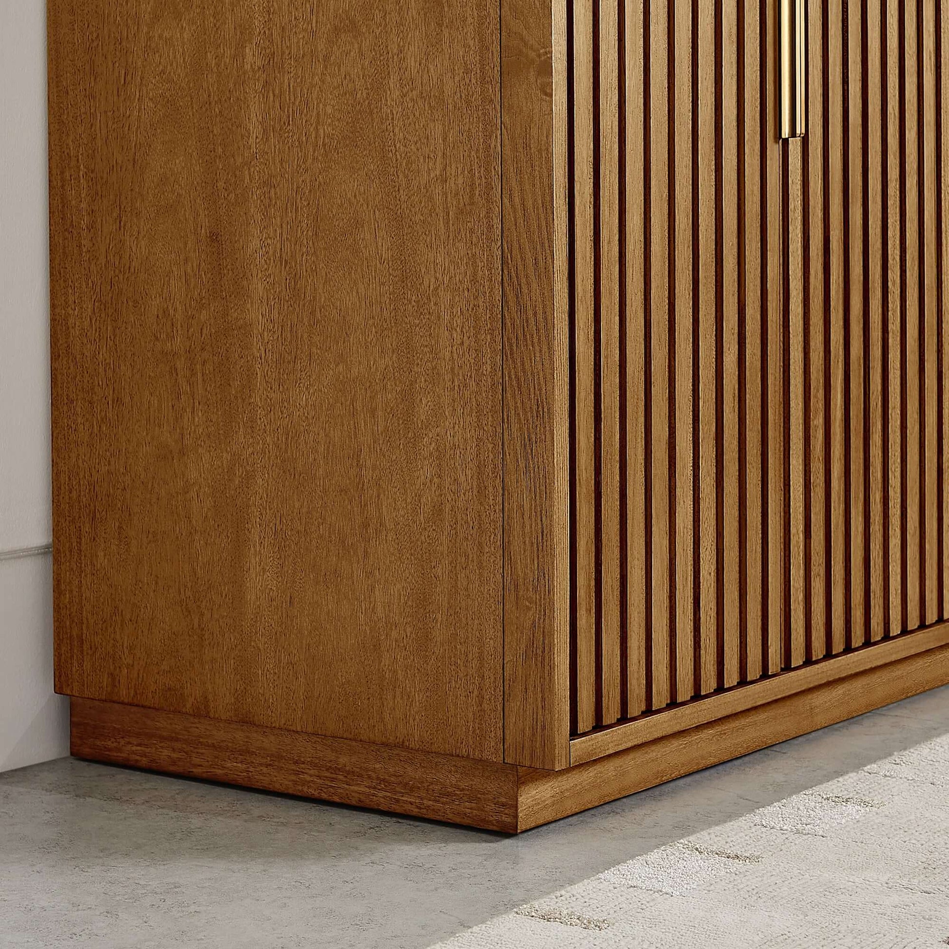 Vinnova, Bangkok 60" Double Sink Bath Vanity in Mango Wood Light Brown with White Grain Composite Stone Top corner view