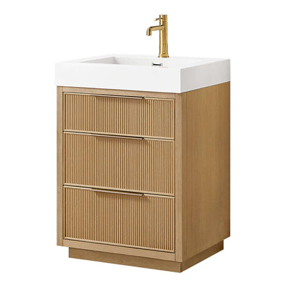 Vinnova, Hohhot 24" Free-standing Single Bath Vanity in Washed Ash Grey with White Integrated Stone Sink Top