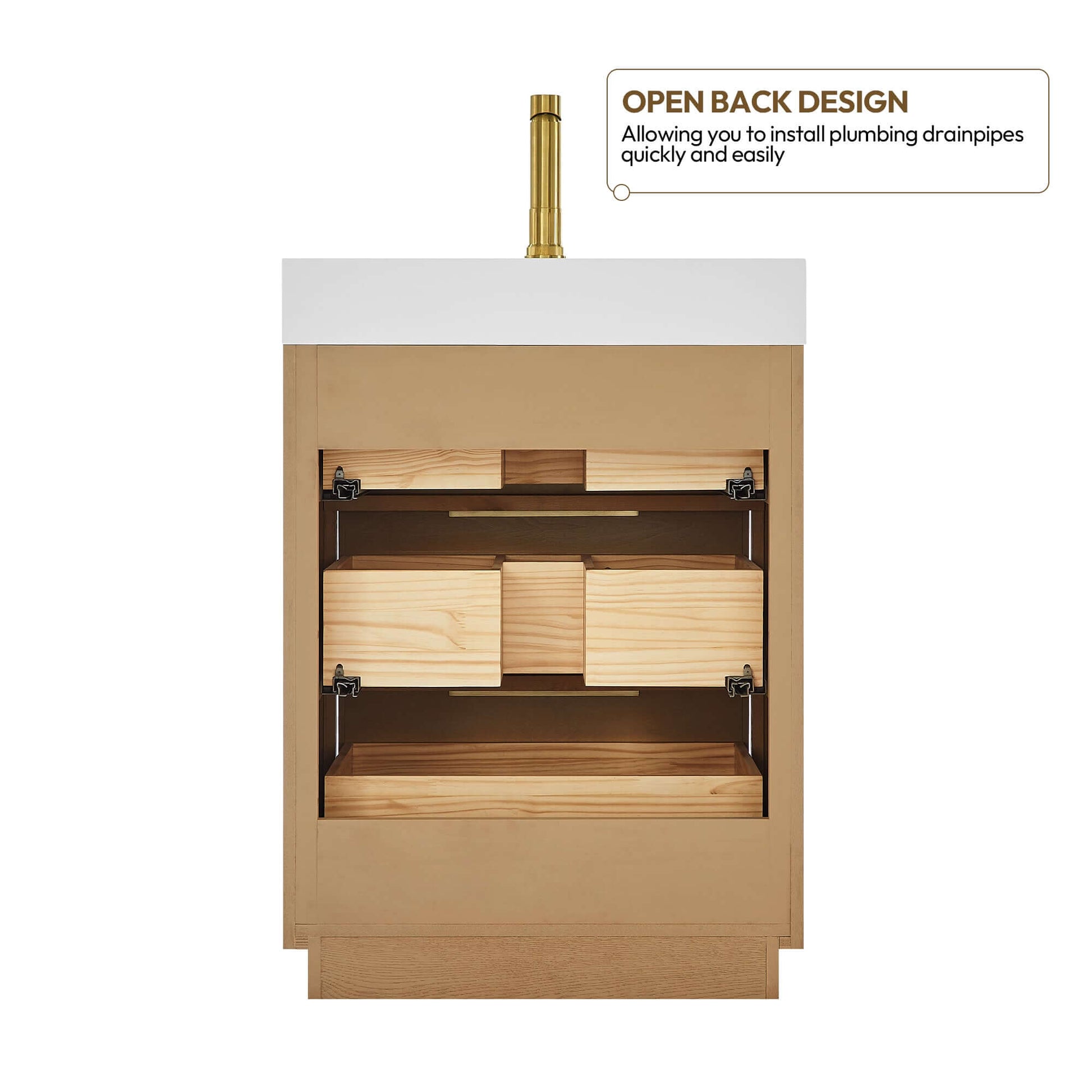 Vinnova, Hohhot 24" Free-standing Single Bath Vanity in Washed Ash Grey with White Integrated Stone Sink Top, open back design