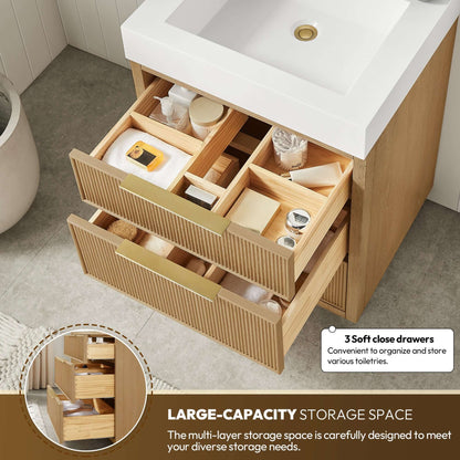 Vinnova, Hohhot 24" Free-standing Single Bath Vanity in Washed Ash Grey with White Integrated Stone Sink Top and storage drawers