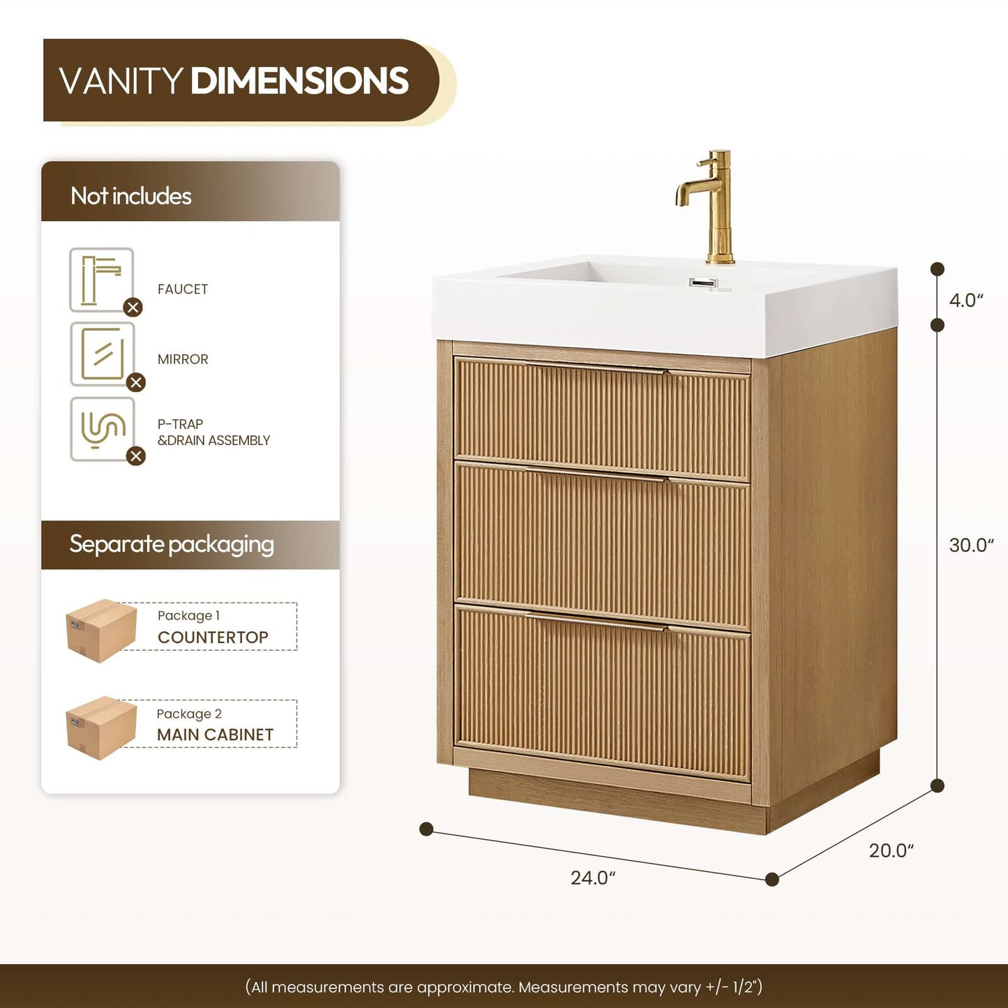 Vinnova, Hohhot 24" Free-standing Single Bath Vanity in Washed Ash Grey with White Integrated Stone Sink Top dimensions chart