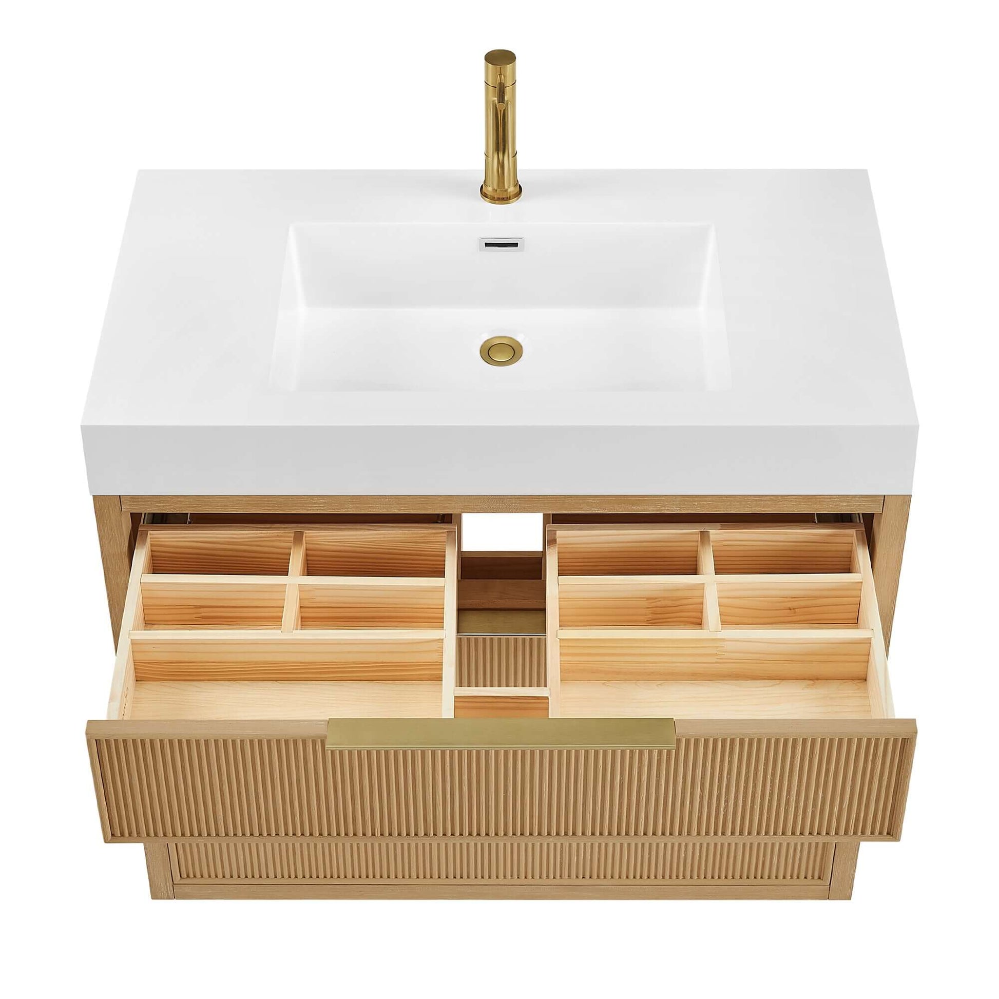 Vinnova, Hohhot 36" Free-standing Single Bath Vanity in Washed Ash Grey with White Integrated Stone Sink Top