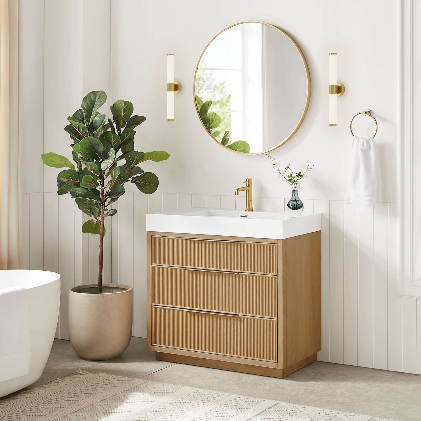 Vinnova, Hohhot 36" Free-standing Single Bath Vanity in Washed Ash Grey with White Integrated Stone Sink Top for modern bathroom decor