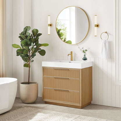Vinnova, Hohhot 36" Free-standing Single Bath Vanity in Washed Ash Grey with White Integrated Stone Sink Top for modern bathroom decor