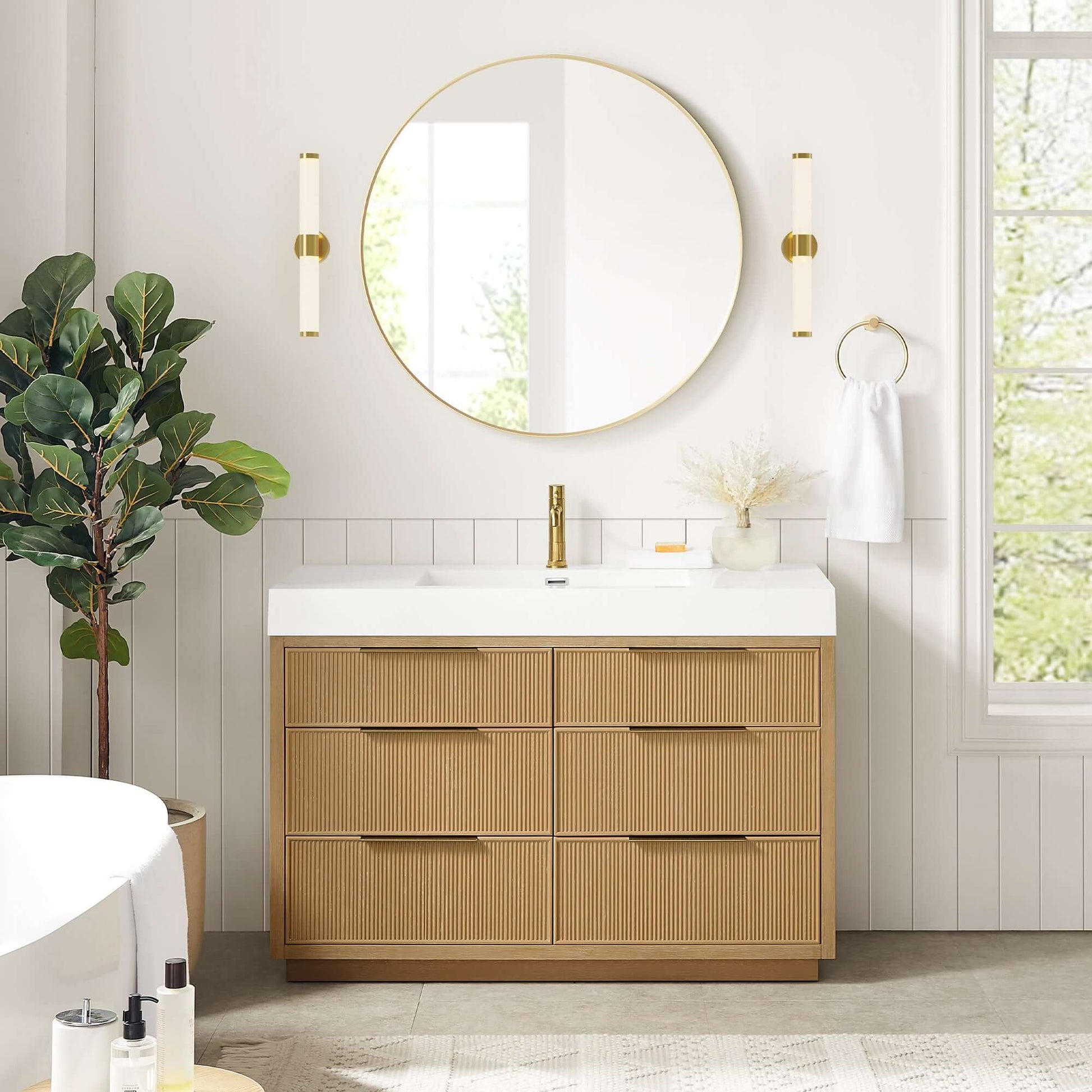 Vinnova, Hohhot 48" Free-standing Single Bath Vanity in Washed Ash Grey with White Integrated Stone Sink Top displayed in a modern bathroom.