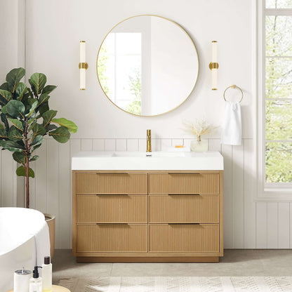Vinnova, Hohhot 48" Free-standing Single Bath Vanity in Washed Ash Grey with White Integrated Stone Sink Top displayed in a modern bathroom.