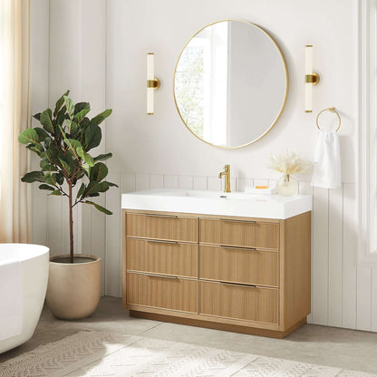Vinnova, Hohhot 48" Free-standing Single Bath Vanity in Washed Ash Grey with White Integrated Stone Sink Top in modern bathroom.