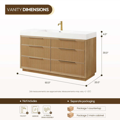 Dimensions of Vinnova, Hohhot 60" Free-standing Single Bath Vanity in Washed Ash Grey with White Integrated Stone Sink Top