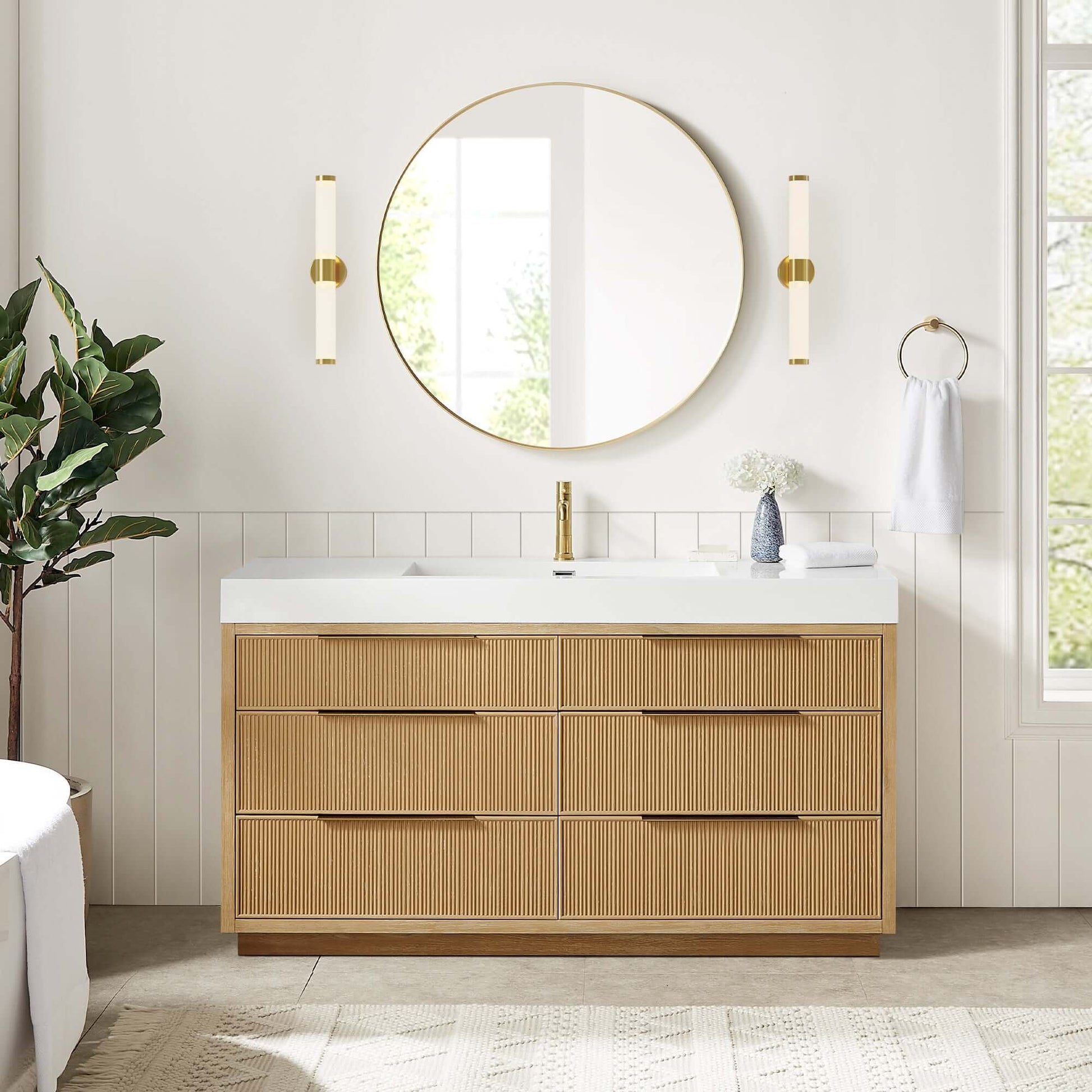 Elegant bathroom with Vinnova, Hohhot 60" Free-standing Single Bath Vanity in Washed Ash Grey with White Integrated Stone Sink Top.