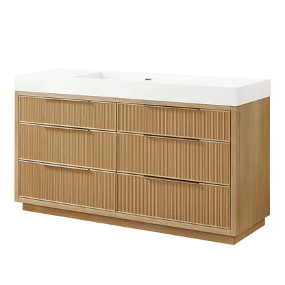 Vinnova, Hohhot 60" Free-standing Single Bath Vanity in Washed Ash Grey with White Integrated Stone Sink Top in a bathroom setting