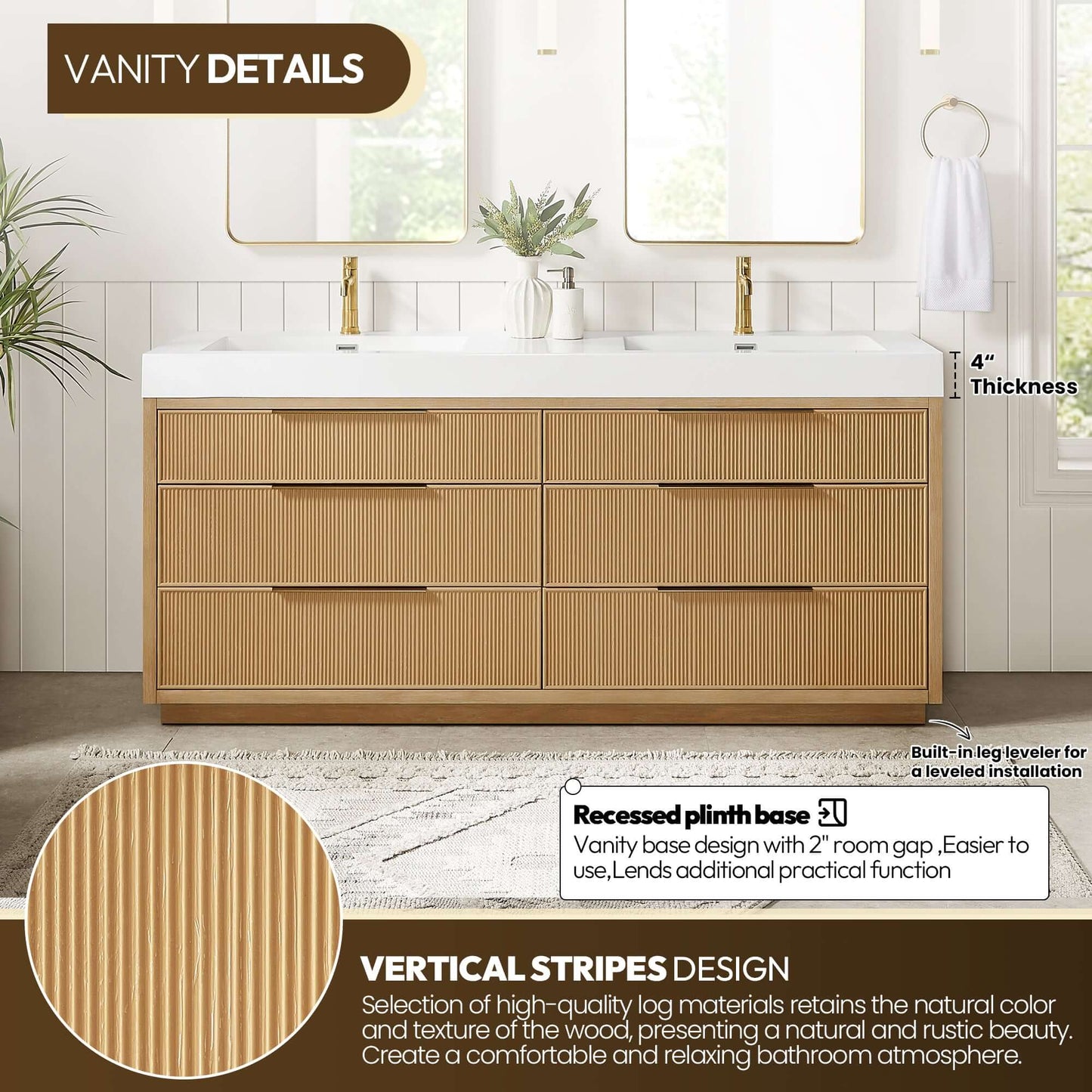 Vinnova, Hohhot 72" Free-standing Double Bath Vanity in Washed Ash Grey with White Integrated Stone Sink Top, bathroom vanity