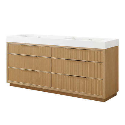 Vinnova, Hohhot 72" Free-standing Double Bath Vanity in Washed Ash Grey with White Integrated Stone Sink Top, bathroom vanity