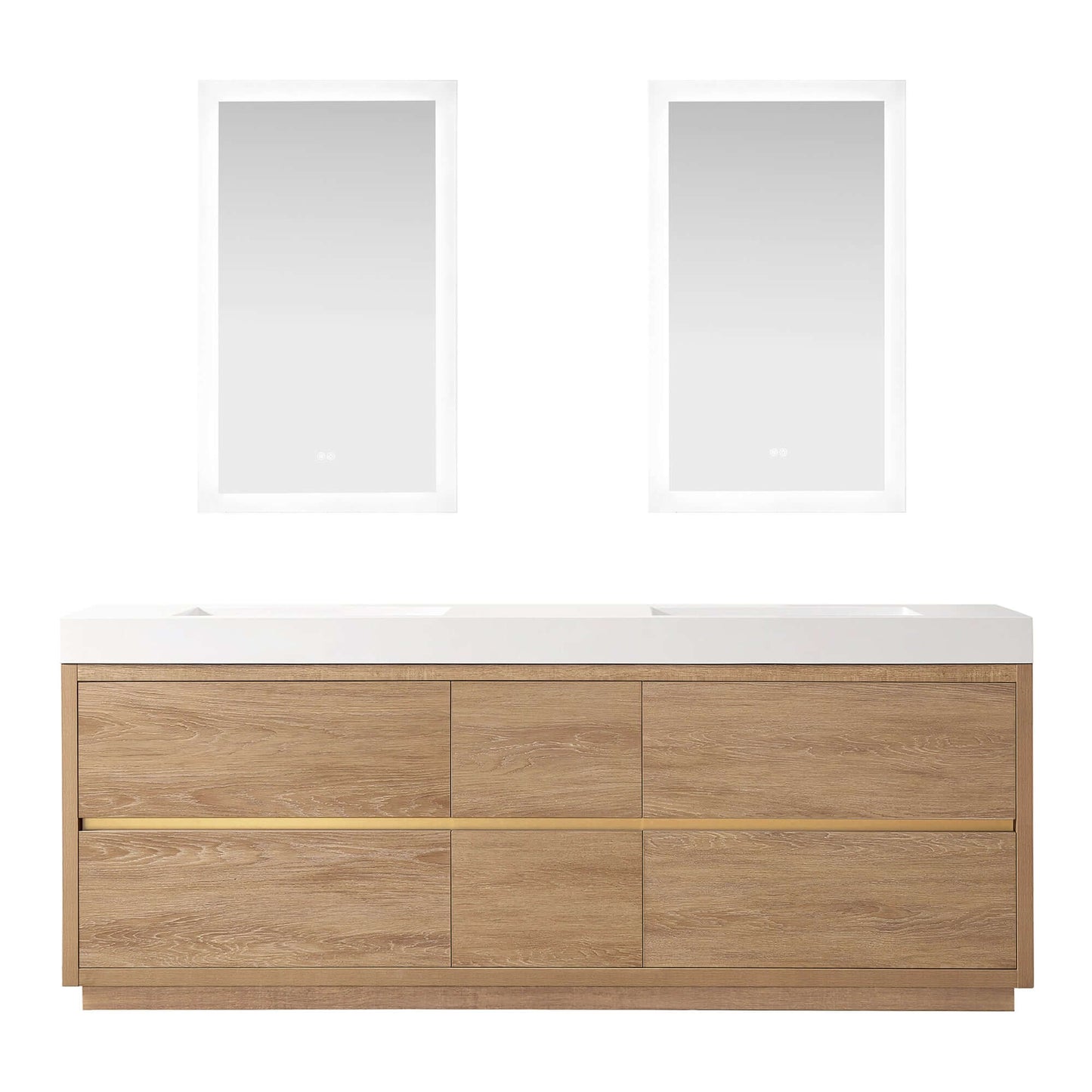 Vinnova, Huesca 84" Double Sink Bath Vanity in North American Oak with White Composite Integral Square Sink Top and Mirror