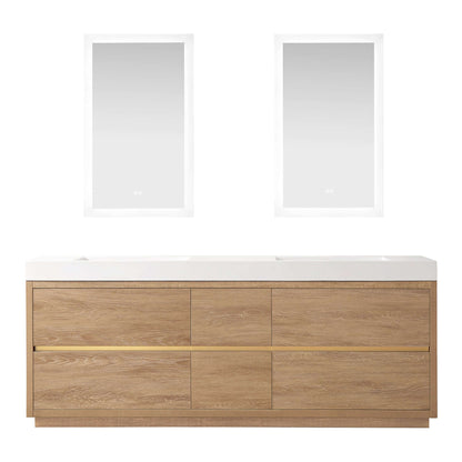 Vinnova, Huesca 84" Double Sink Bath Vanity in North American Oak with White Composite Integral Square Sink Top and Mirror